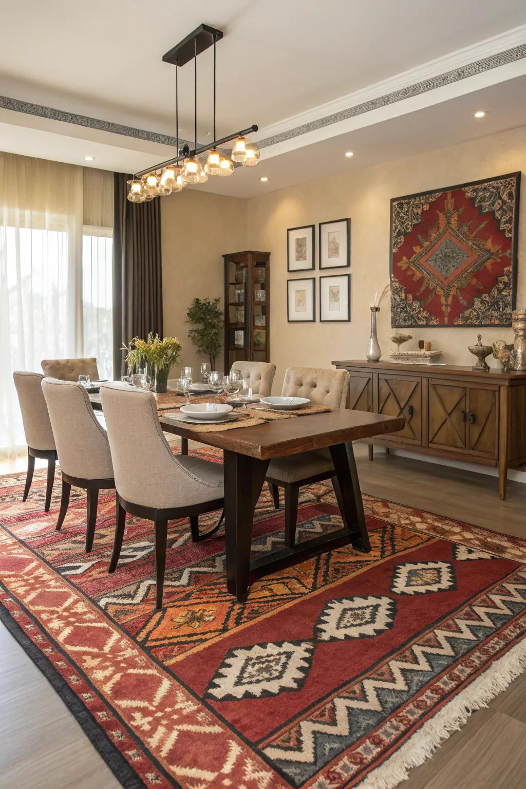 A statement rug unifies the dining room with style.