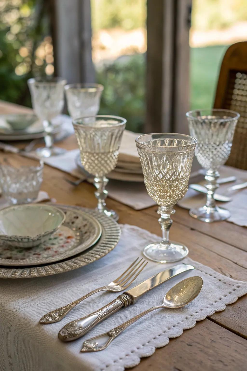 Vintage glassware and heirloom pieces add nostalgic charm.