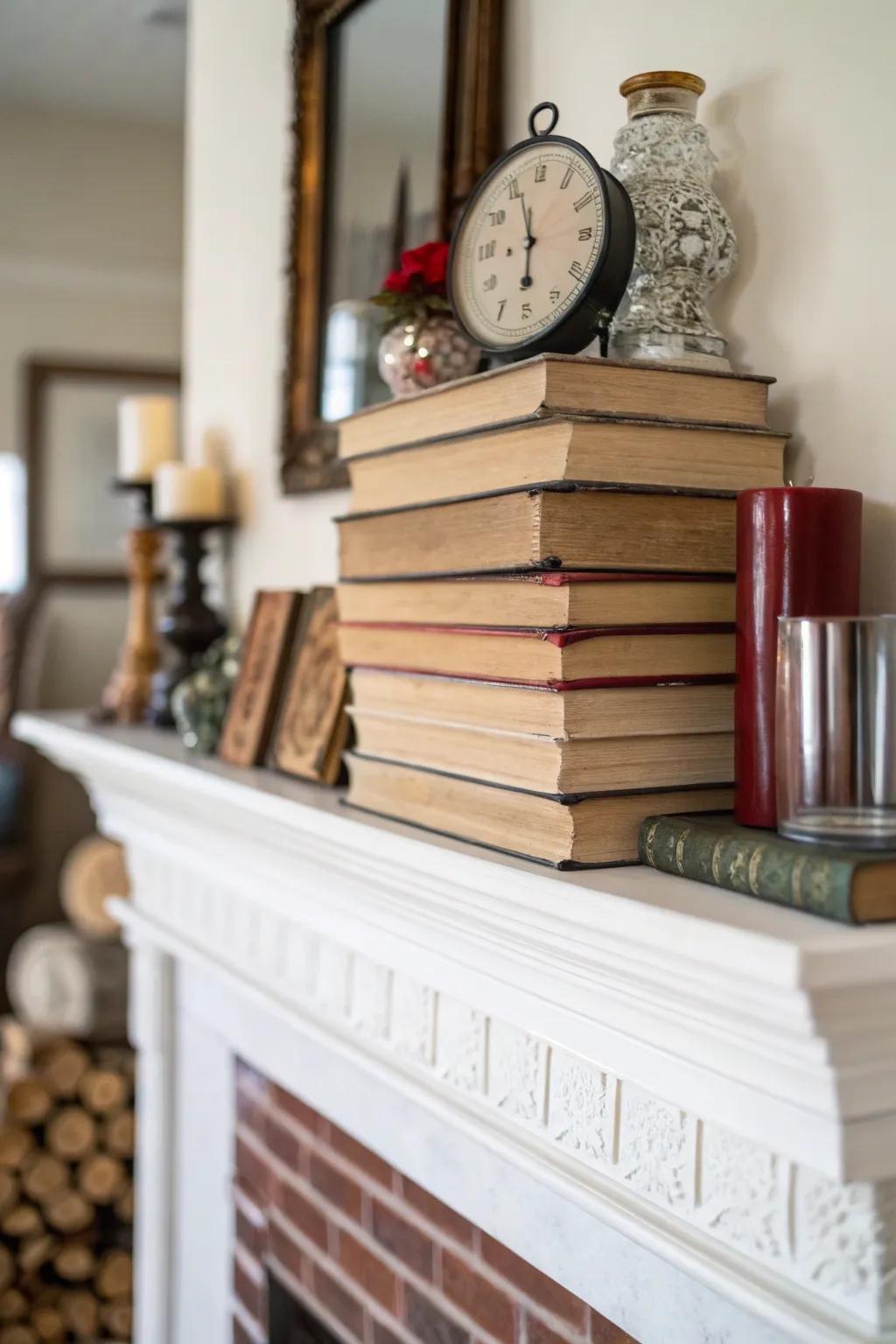 Books are used cleverly to add height and dimension to this mantel.