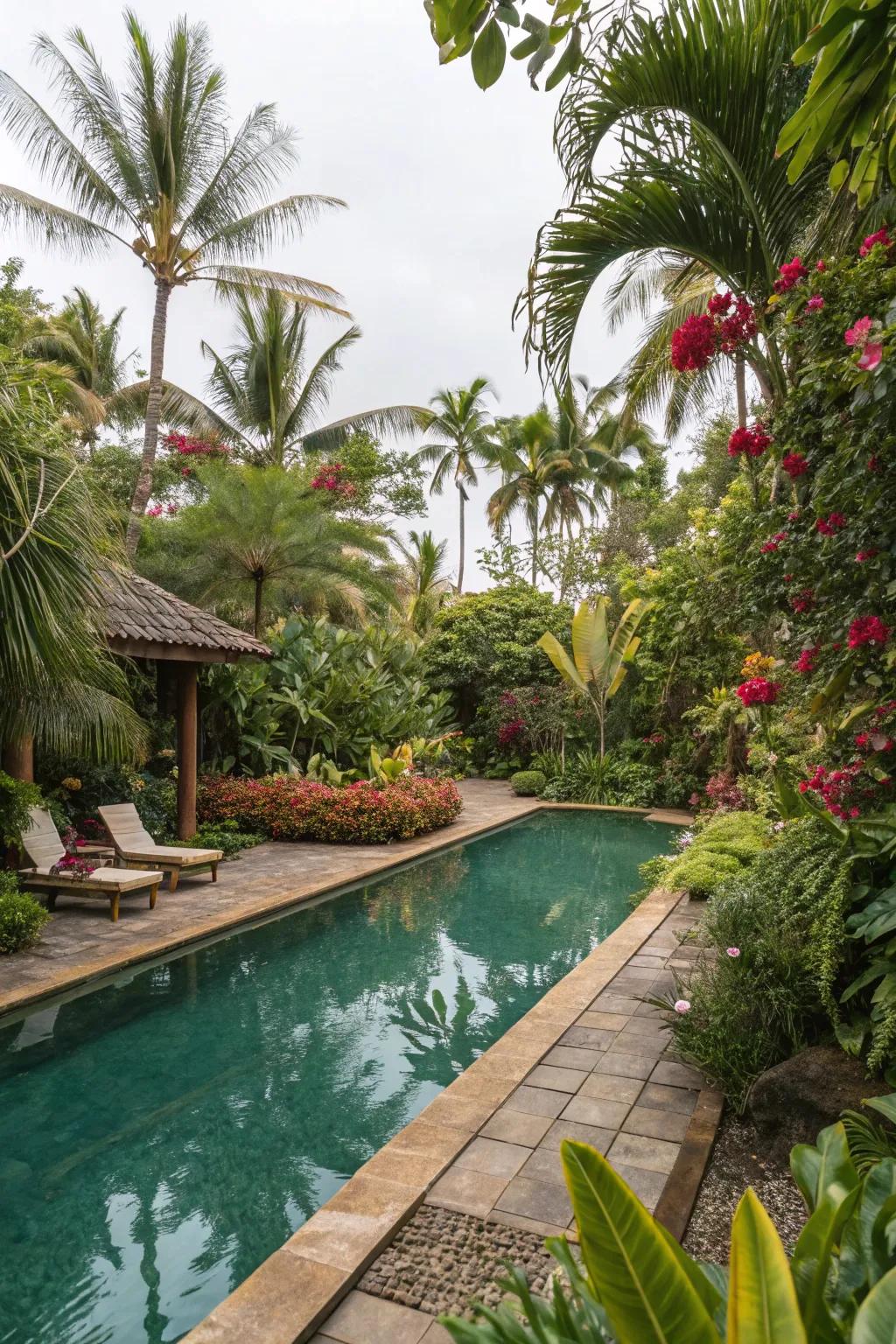 Lush tropical plants creating an exotic, vacation-like poolside.