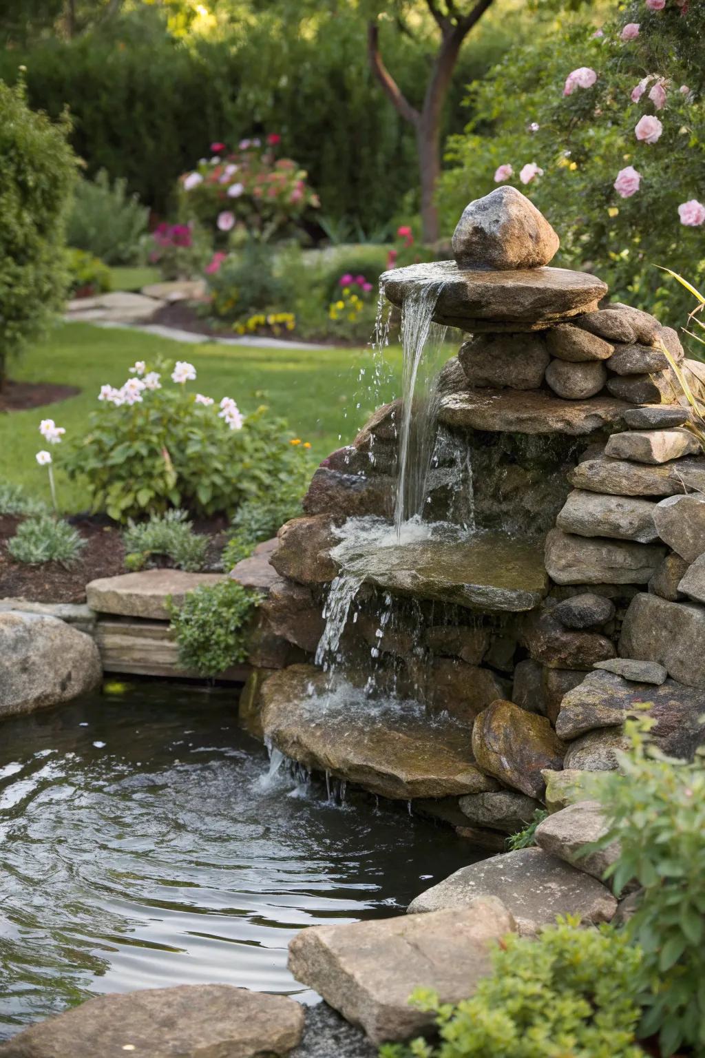 Rock fountains provide a dynamic centerpiece for any garden.