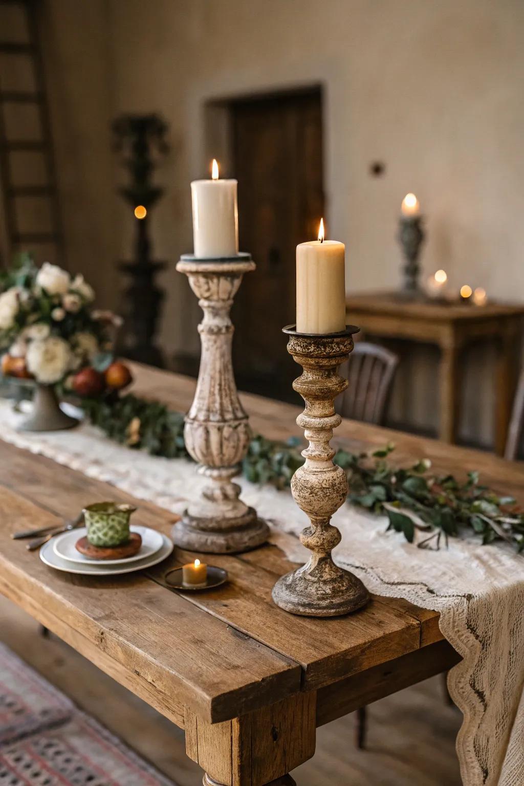 Antique candle stands enhancing a rustic table arrangement.