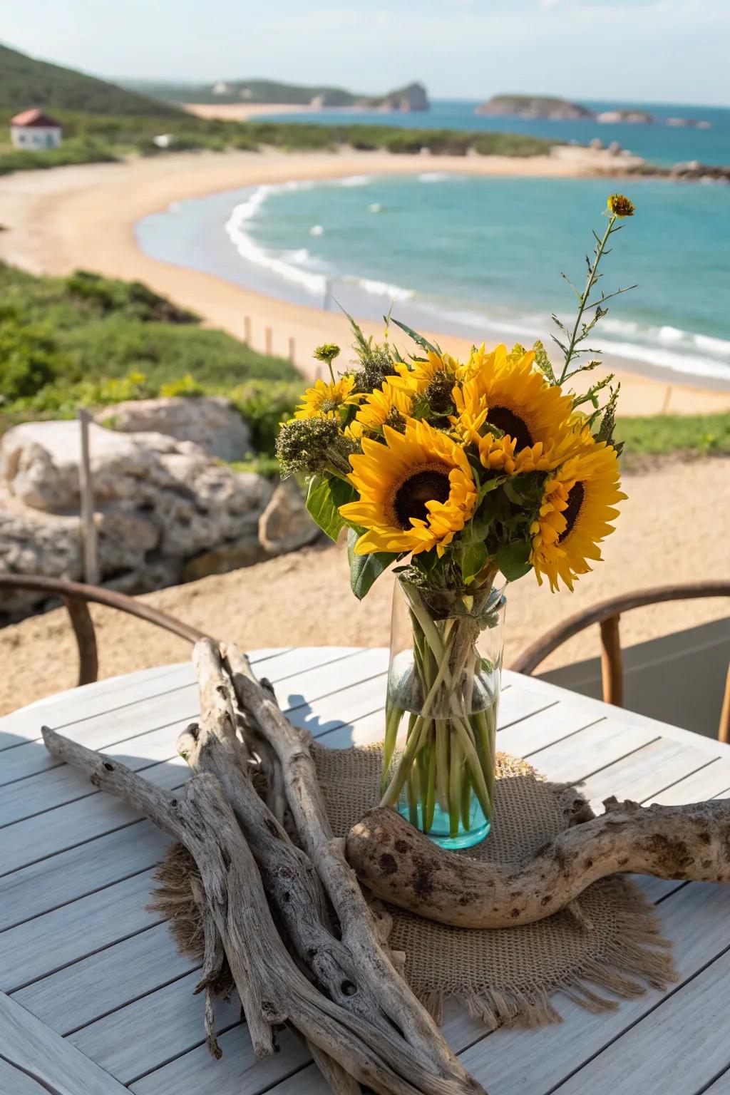 Beach wood adds a coastal touch to a sunflower centerpiece.