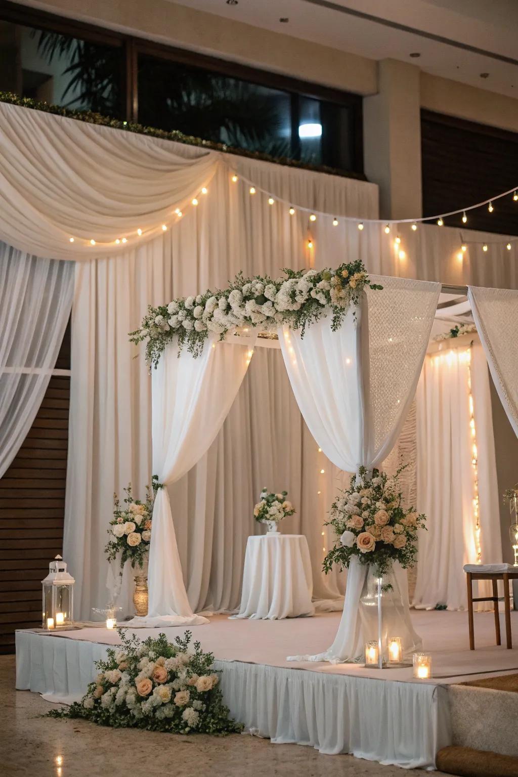 Soft fabrics and drapes add elegance and sophistication to wedding decor.