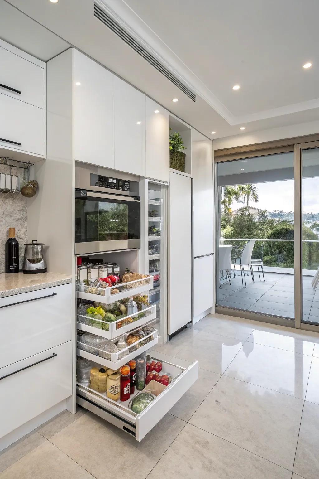 Clever storage solutions enhance kitchen efficiency.