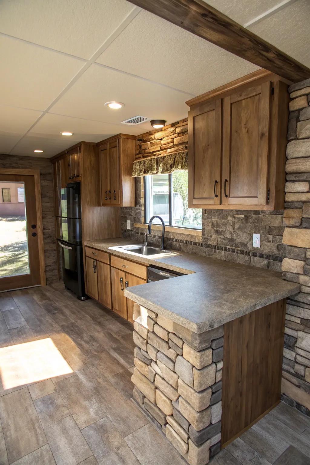 Mixed materials create a textured kitchen experience.