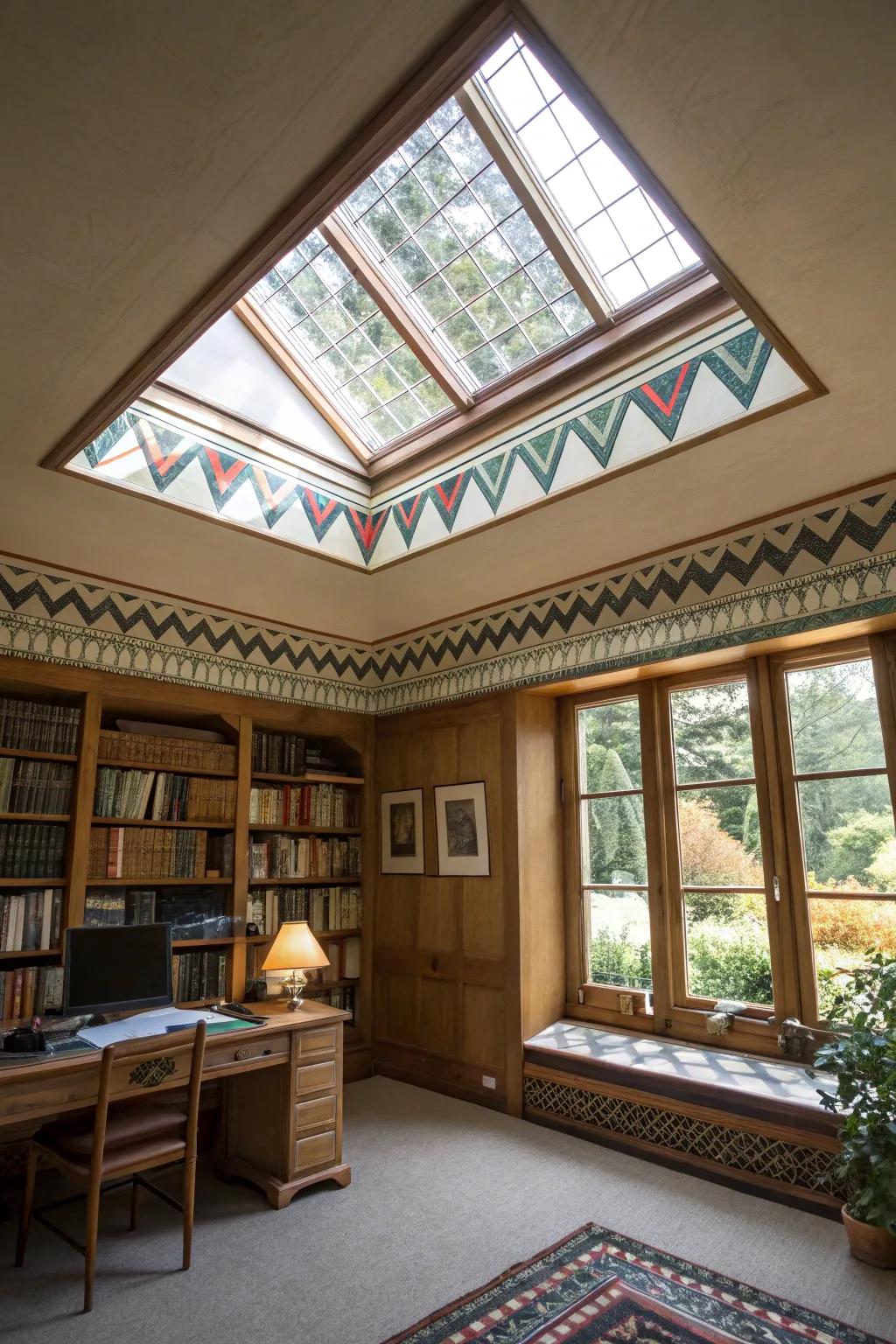 A study with a skylight featuring geometric patterned trim.