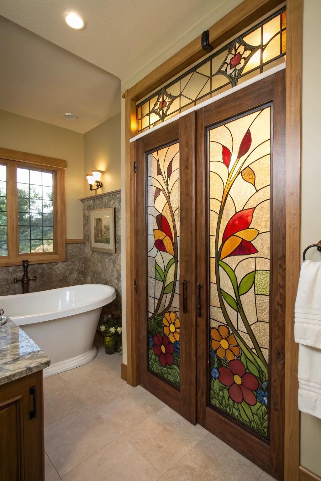 Leaded glass doors introduce artistic charm and color.