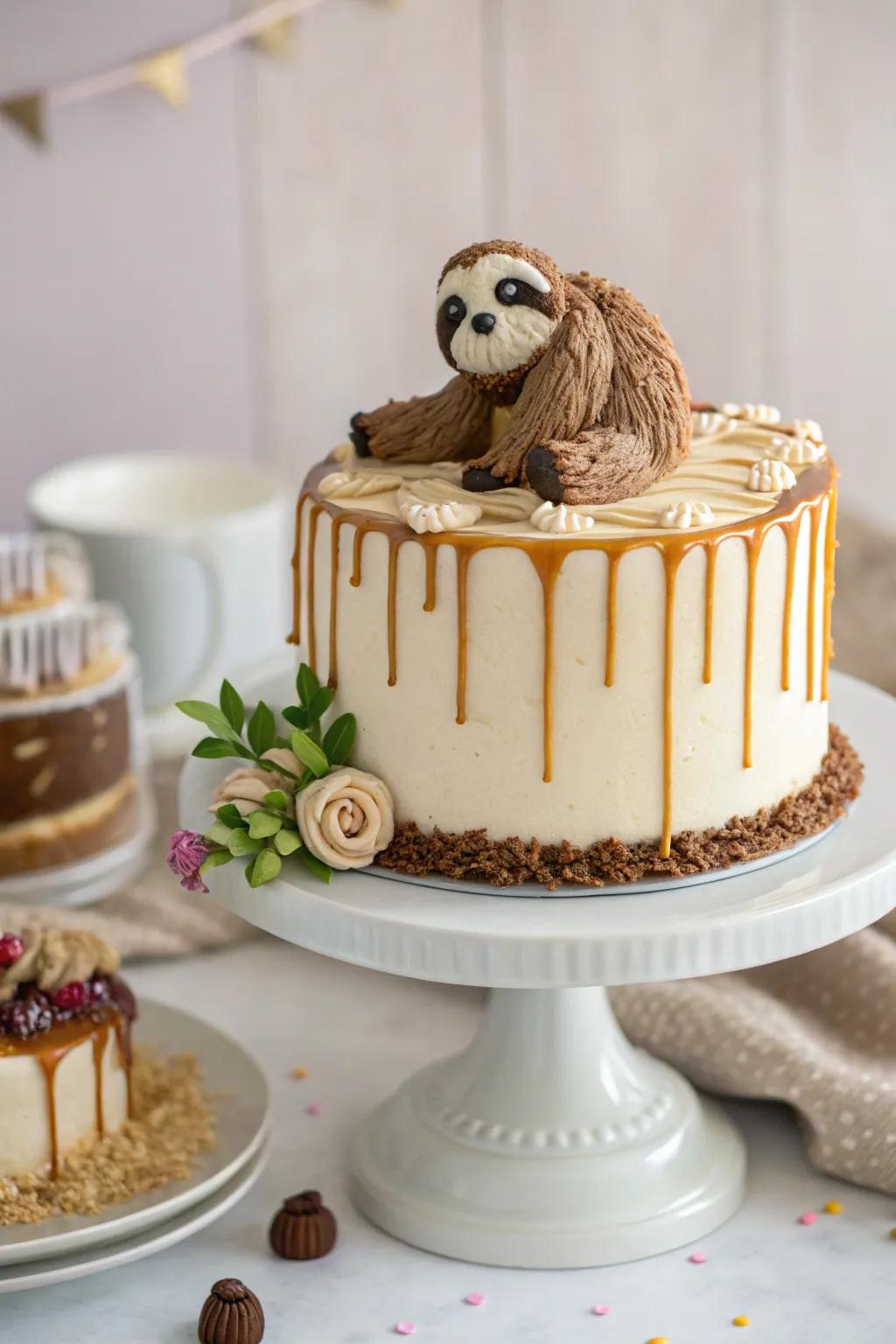 A drip design adds a touch of elegance to the sloth dessert.