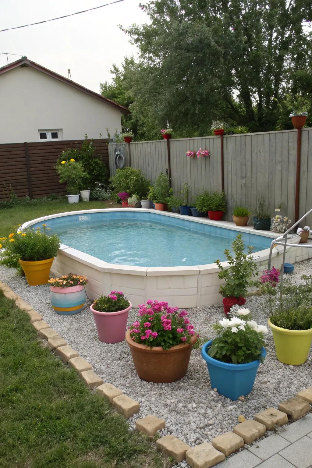 A textured tiny stone border that surrounds a charming pool.