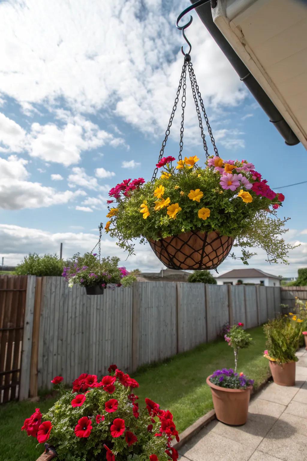 A hanging basket offers a colorful and space-saving garden solution.