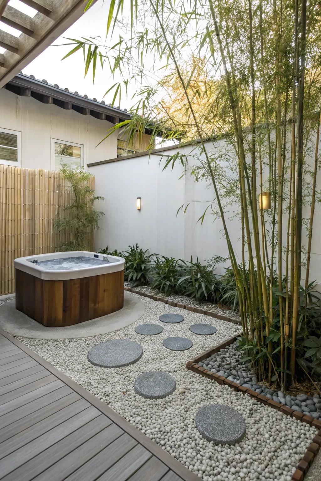 A Zen garden soak station zone with gravel and bamboo accents for meditation.