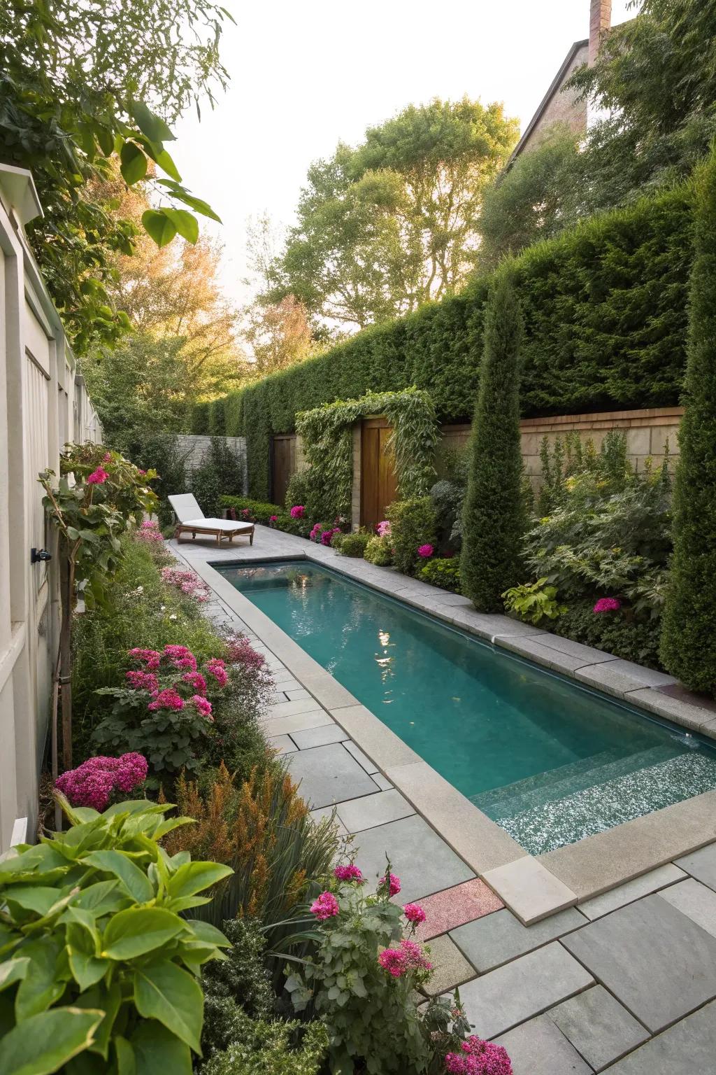 Around a small pool, lush landscaping provides more seclusion.