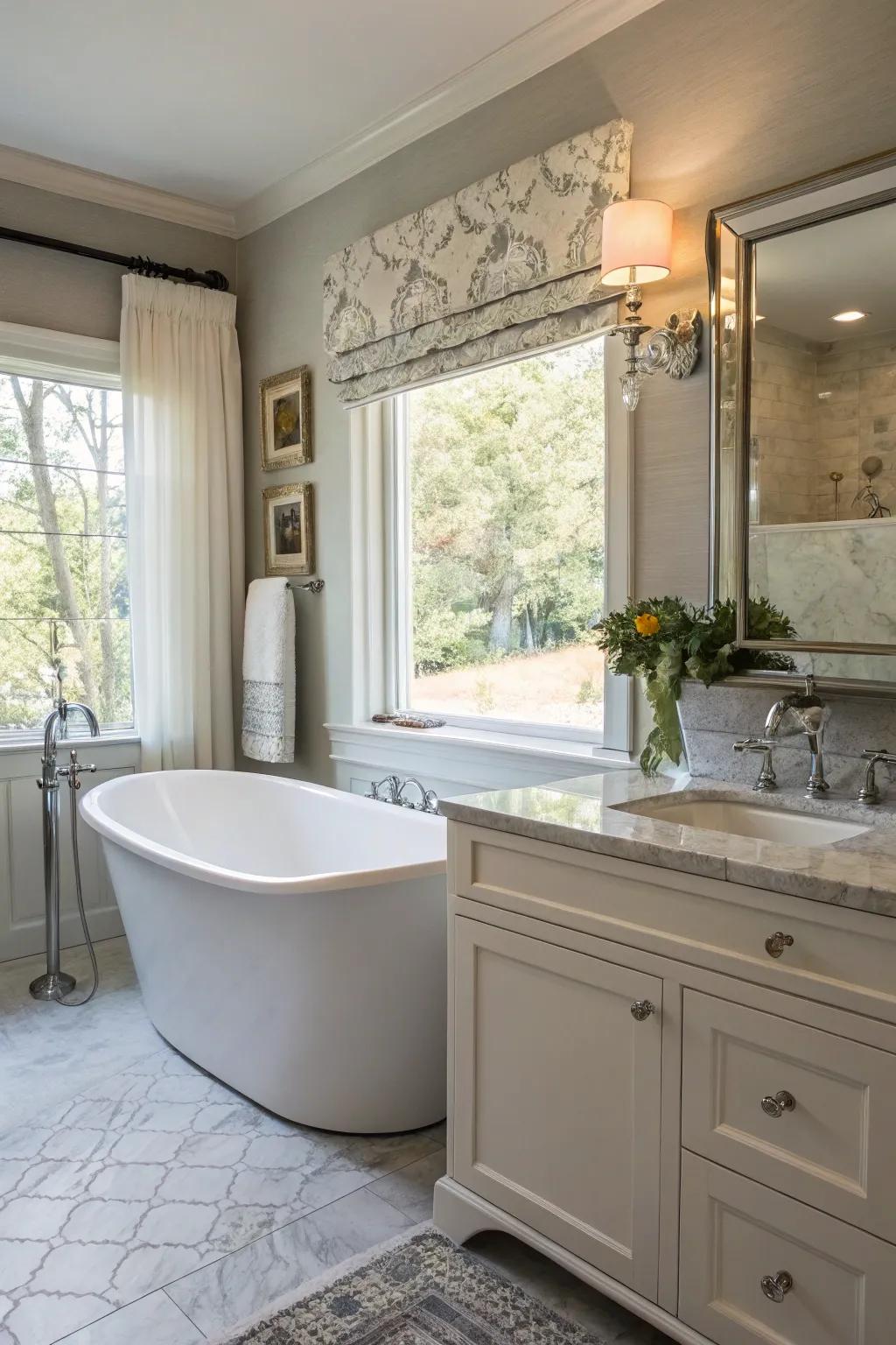 A small bathroom with a stylish freestanding tub as a focal point.