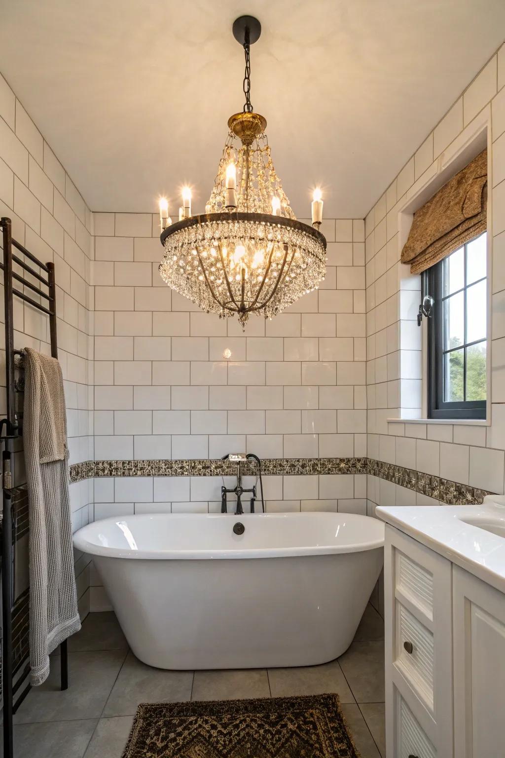 Mini chandelier adding a luxurious touch.