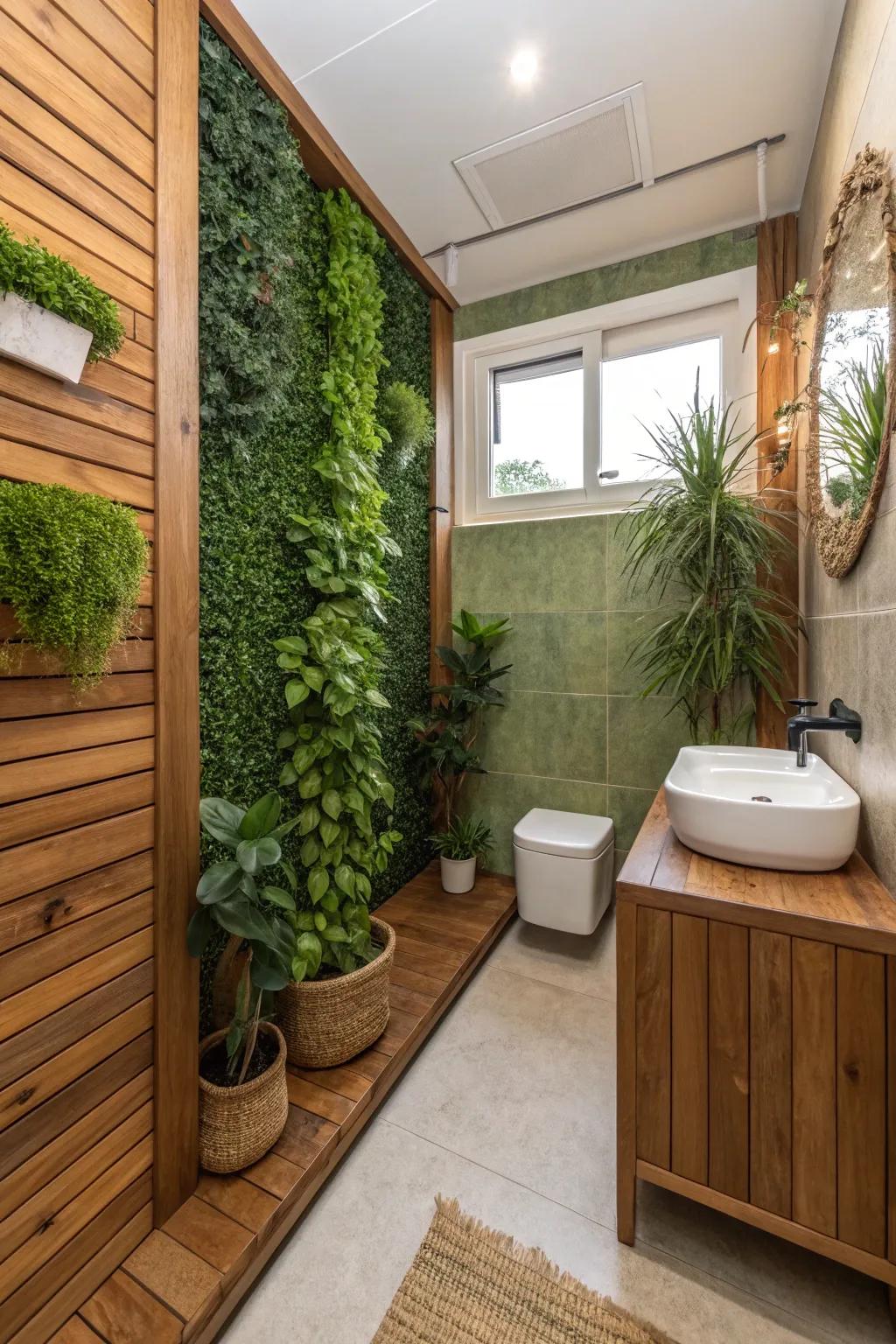 Green wall boards introducing a natural, rejuvenating energy to a small bathroom.