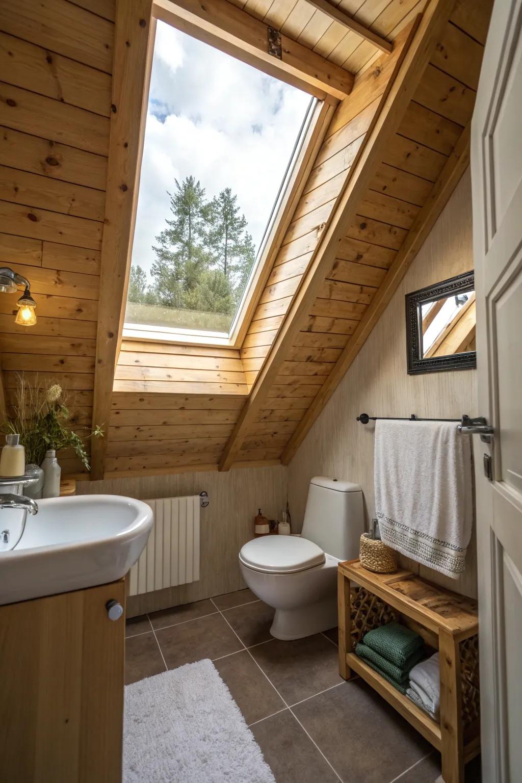 The natural beauty of the wood ceiling is enhanced with a sunlight.