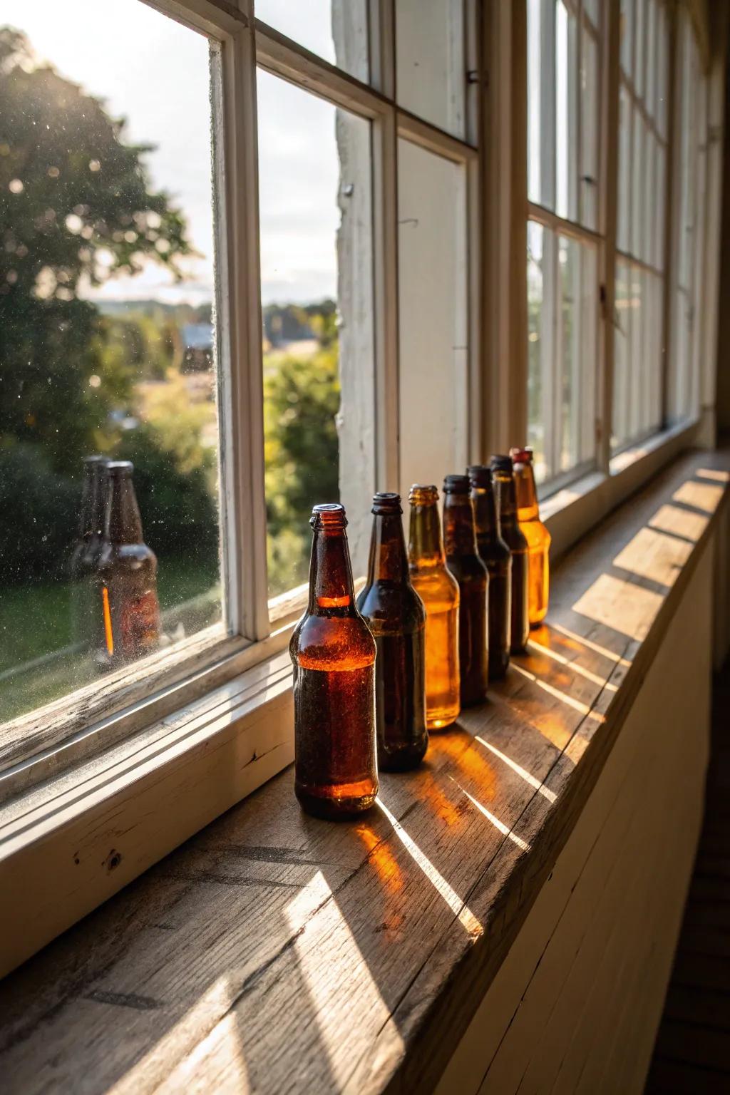 Window sill beer display capturing natural light.