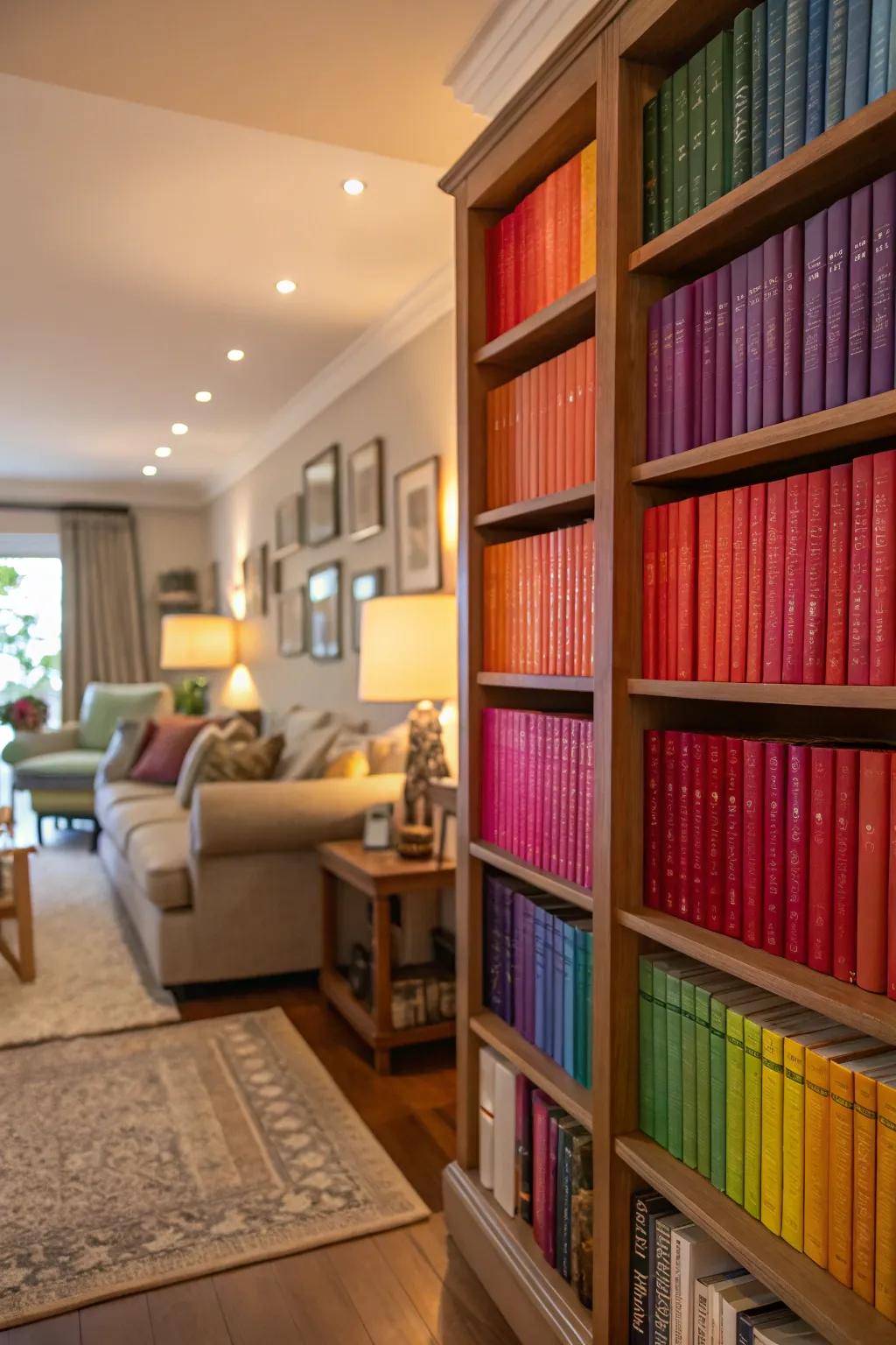 Shade-arranged bookcases transform literary works into visual artistry.