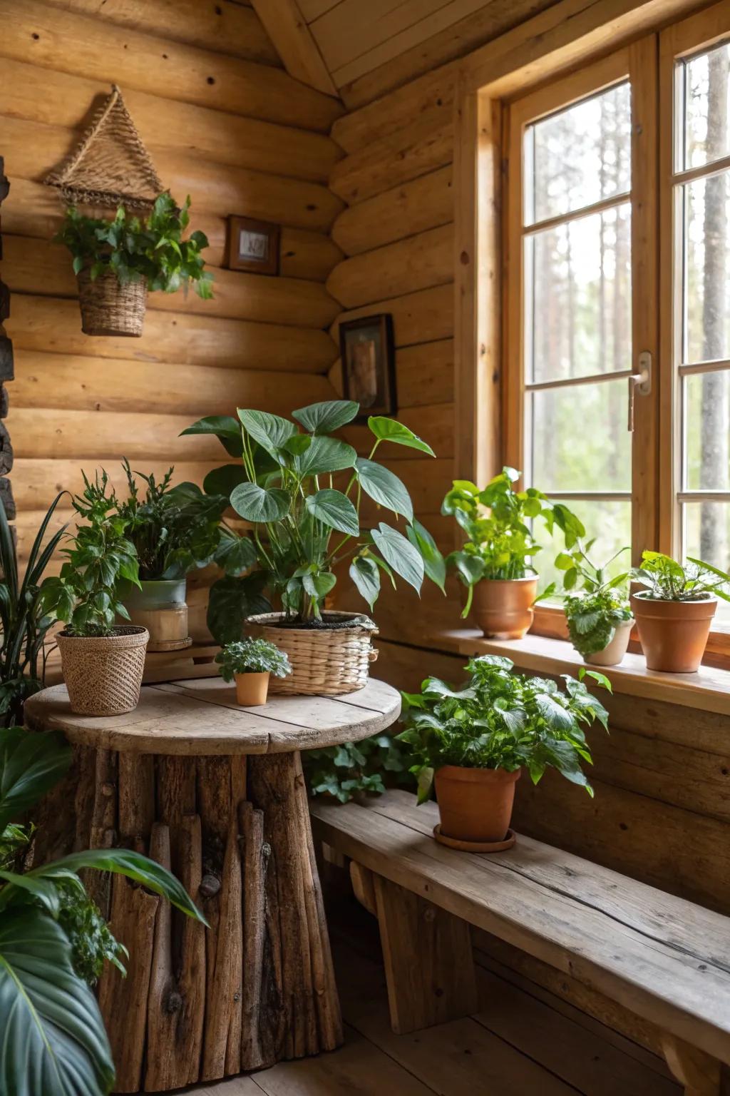 Indoor plants bringing life to a cabin interior.