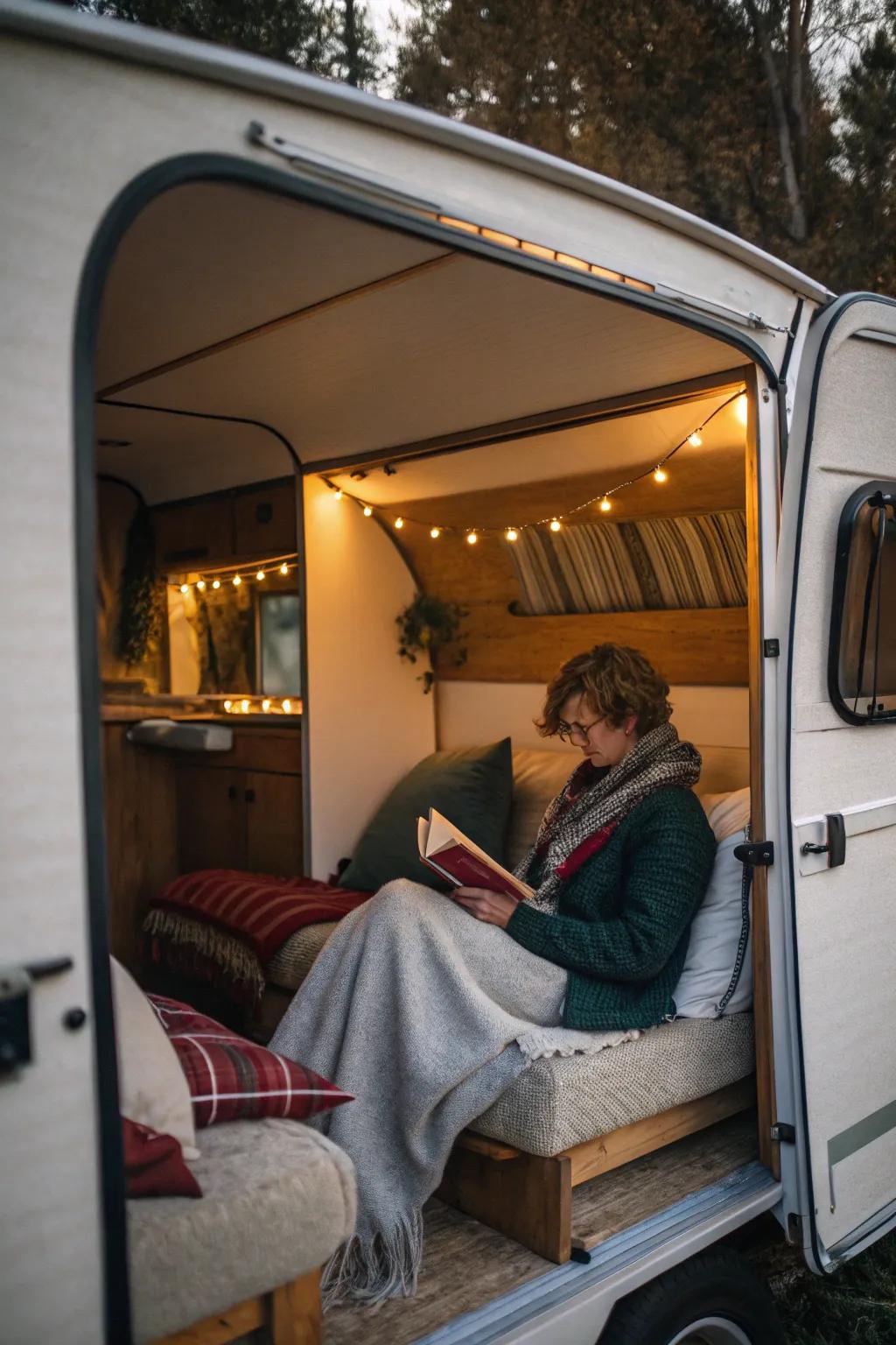 In a camper, a cozy reading nook also serves as a guest bed.