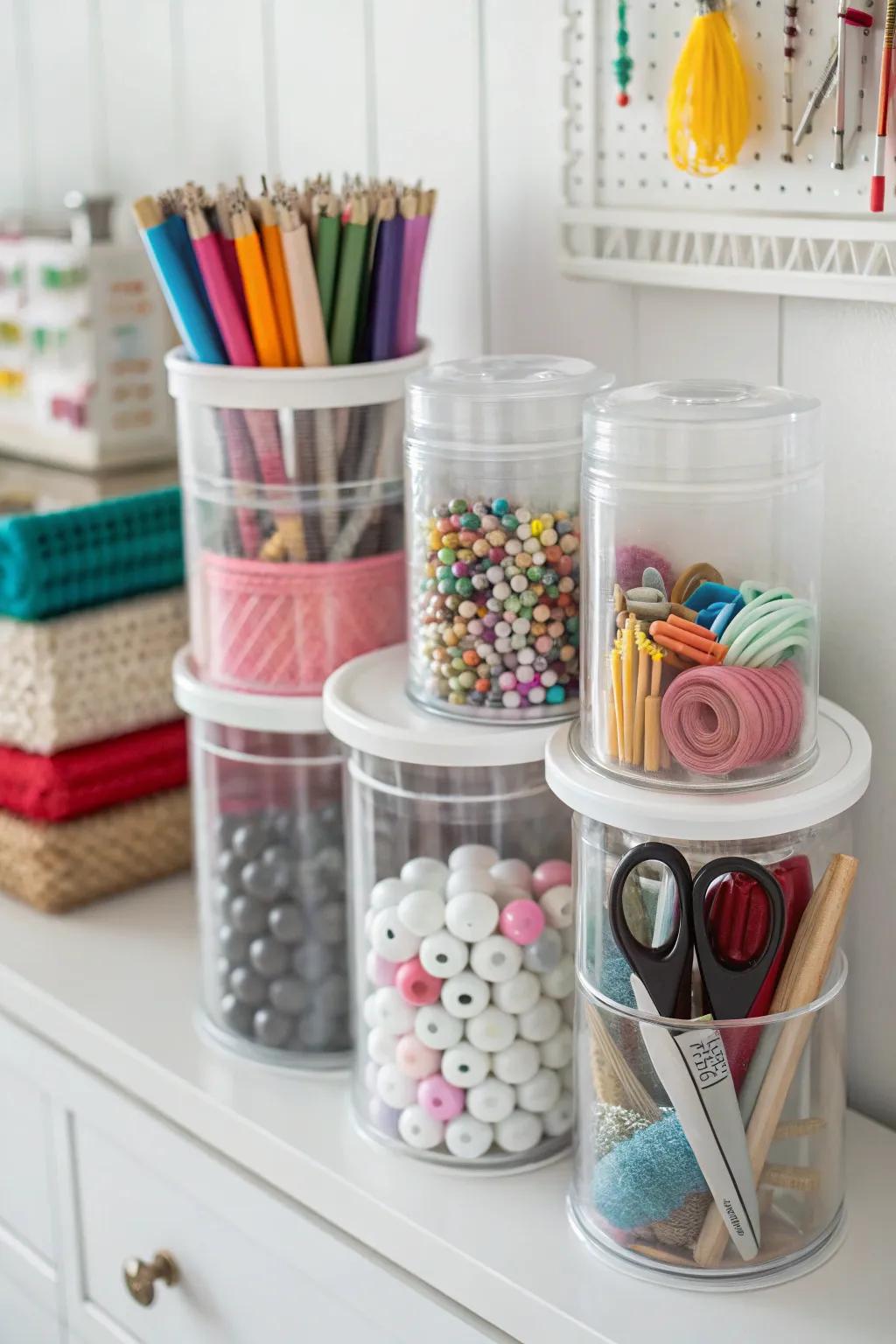 Clear containers simplify the process of accessing and finding crafting supplies.