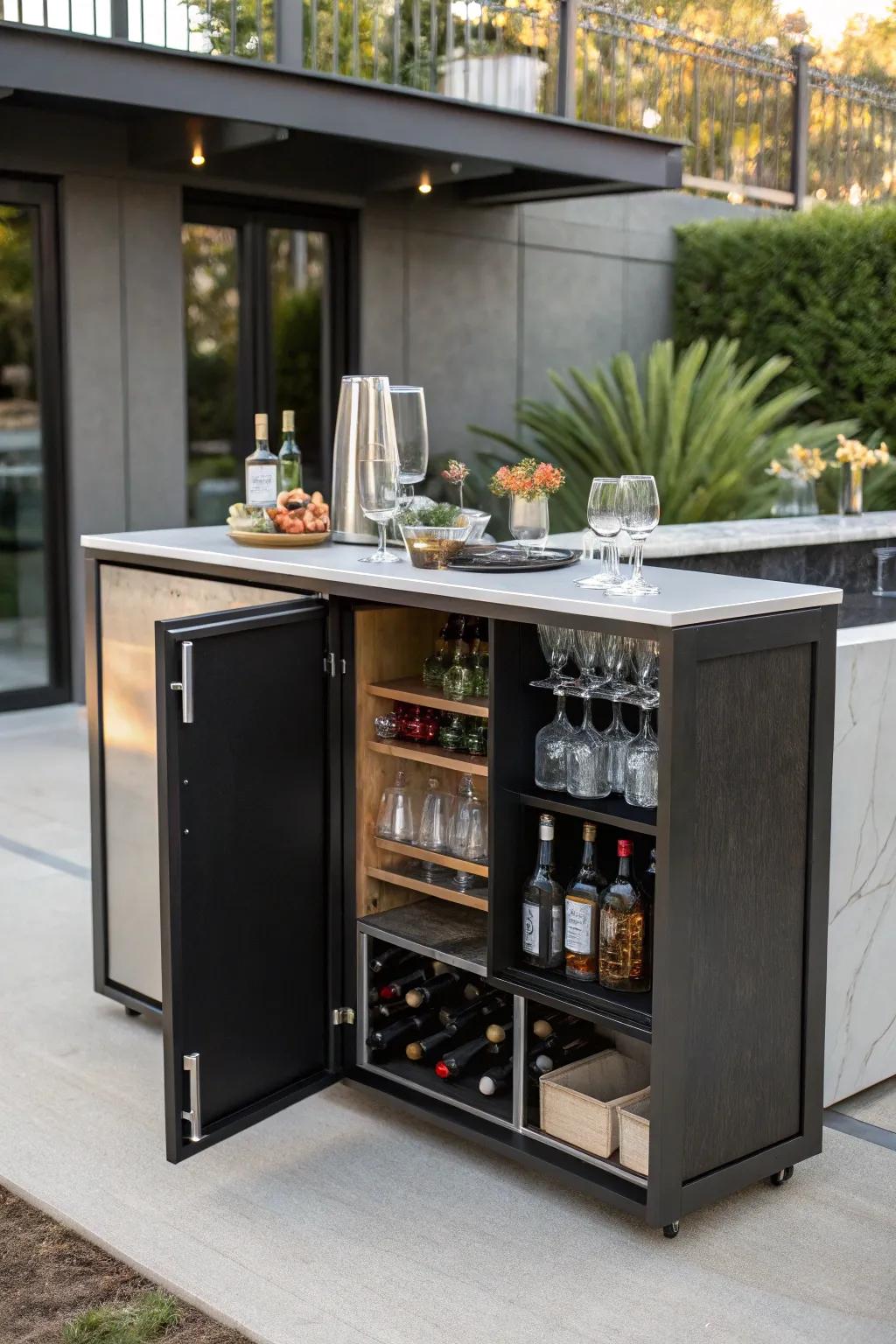 Hidden storage solutions create a tidy drink station.