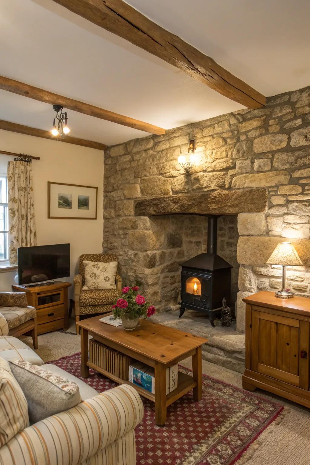 A stone wall feature conveys a rugged charm to this cottage living space.