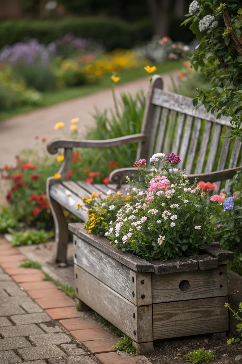A cozy small flower bed invitingly arranged around a rustic bench.