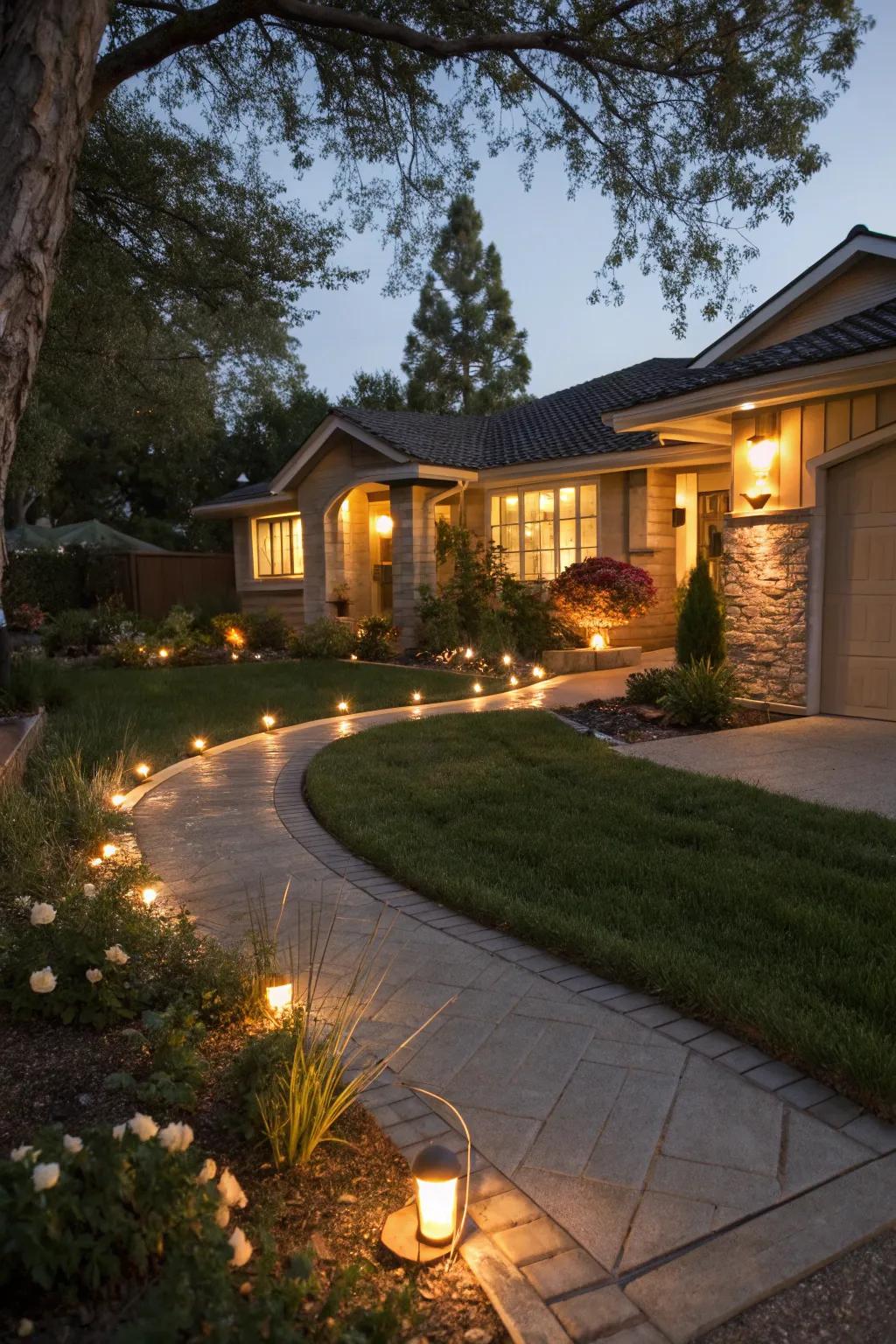 Lighting enhances safety and ambiance in your front yard.