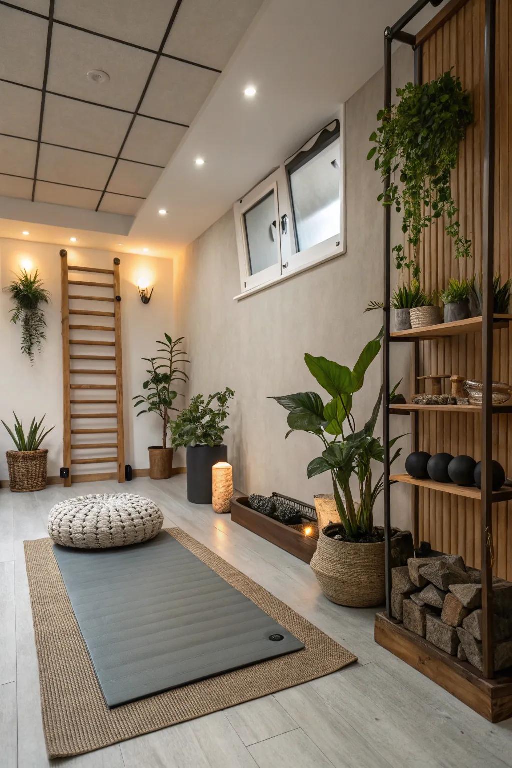 Your workout area is balanced and at peace with a Zen yoga corner.