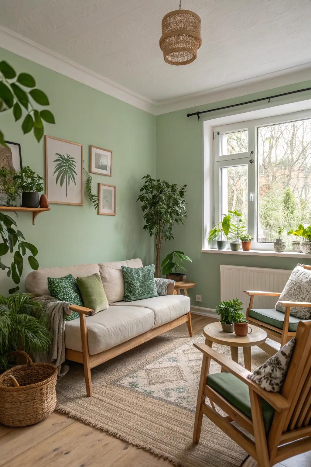 A small living space with soft green walls to enhance tranquility.