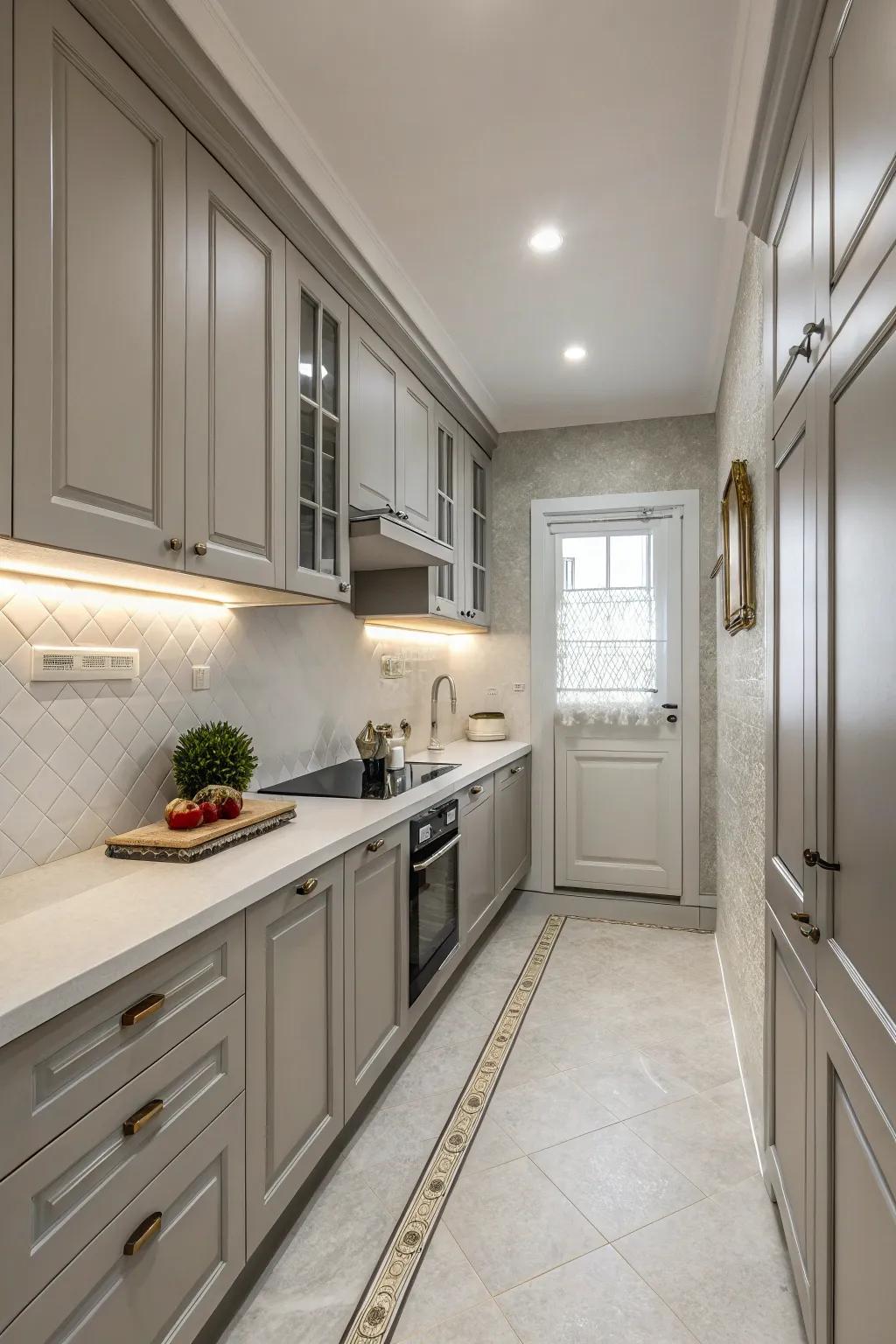 Monochromatic designs unify small kitchen spots.