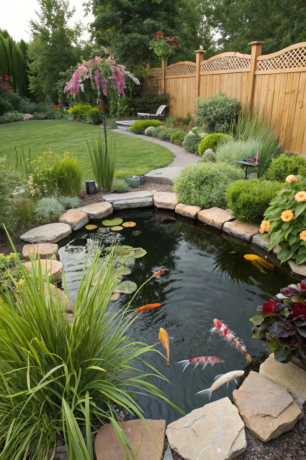 A lush plant surround enhances the natural beauty of this koi pond.