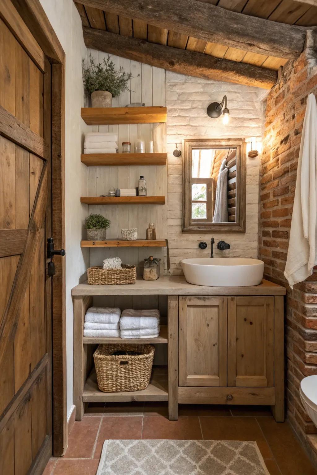 Open shelving offers both storage and display in a rustic bathroom.
