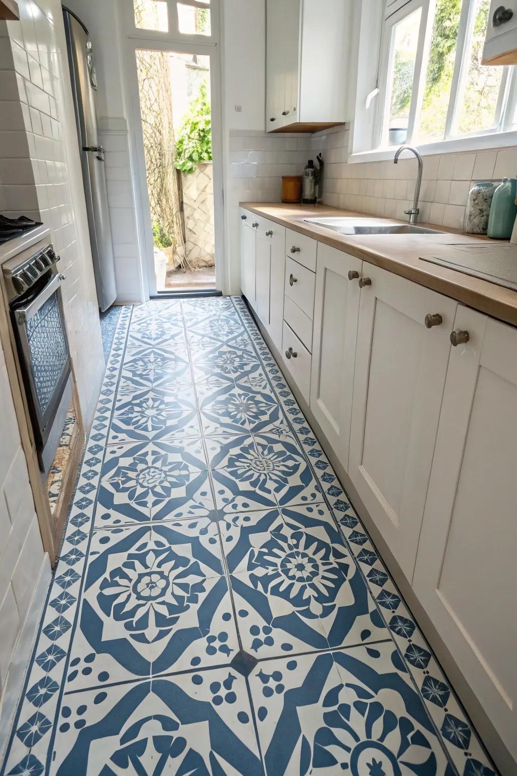 These patterned floors bring a unique touch to the narrow kitchen.