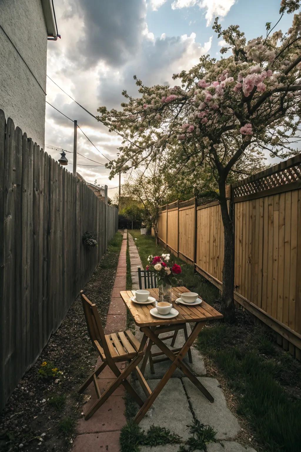 Dining nooks allow for delightful outdoor meals in narrow side yards.