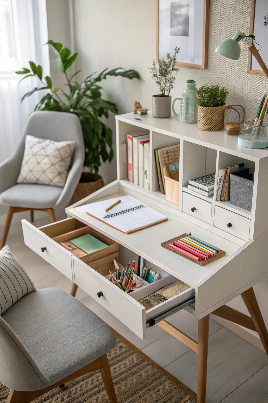 Hidden storage keeps your workspace efficient.