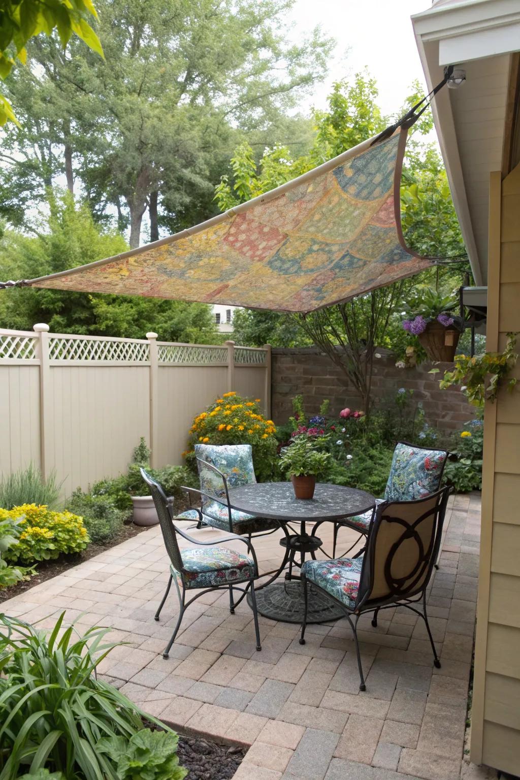 A DIY shade sail offers relief from the sun.