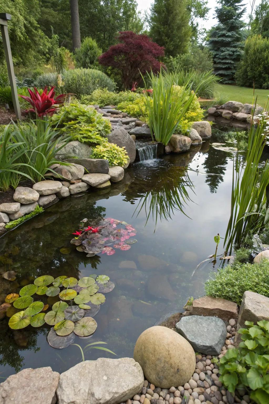Bright colors bring vibrancy and life to a small pond setting.