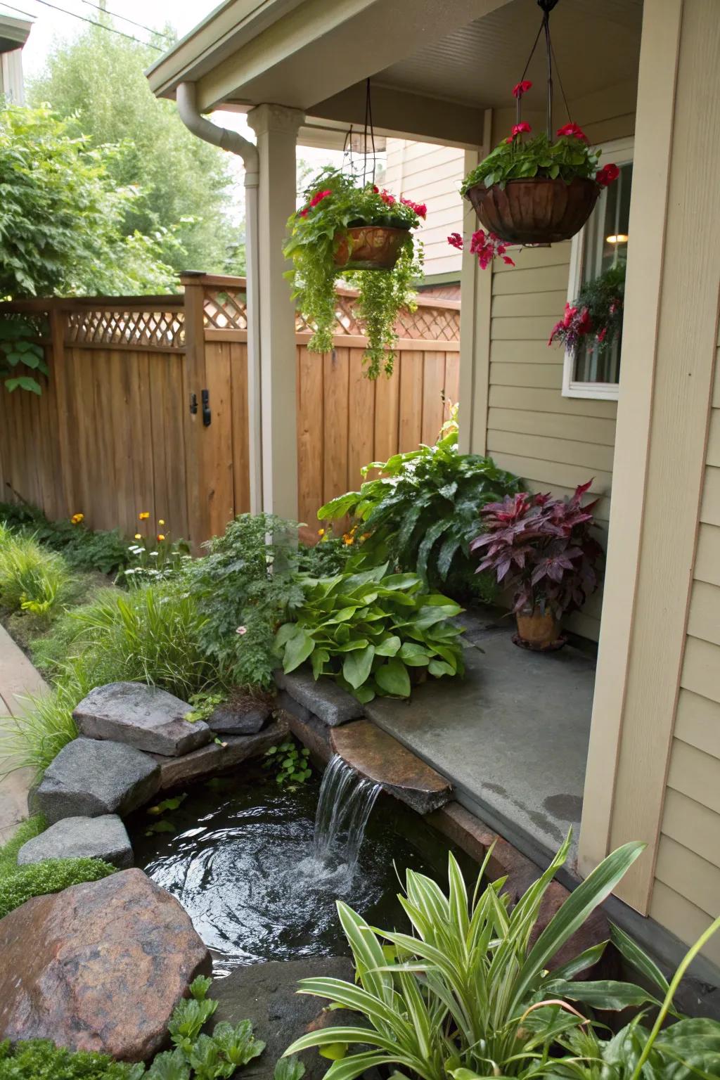 A compact water feature produces a serene atmosphere.