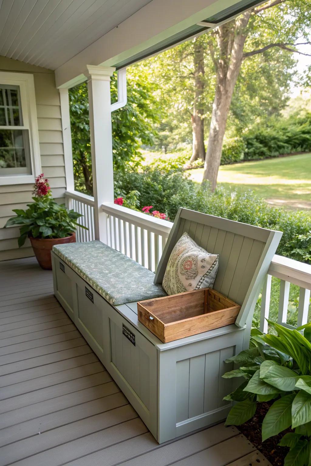 A side porch with a seat offering hidden stowaway for a neat look.