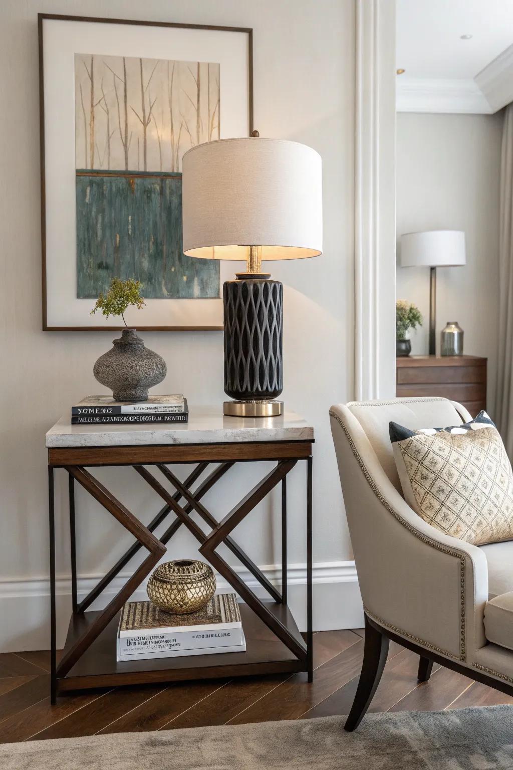 Art pieces enhance the creative appeal of an accent table.
