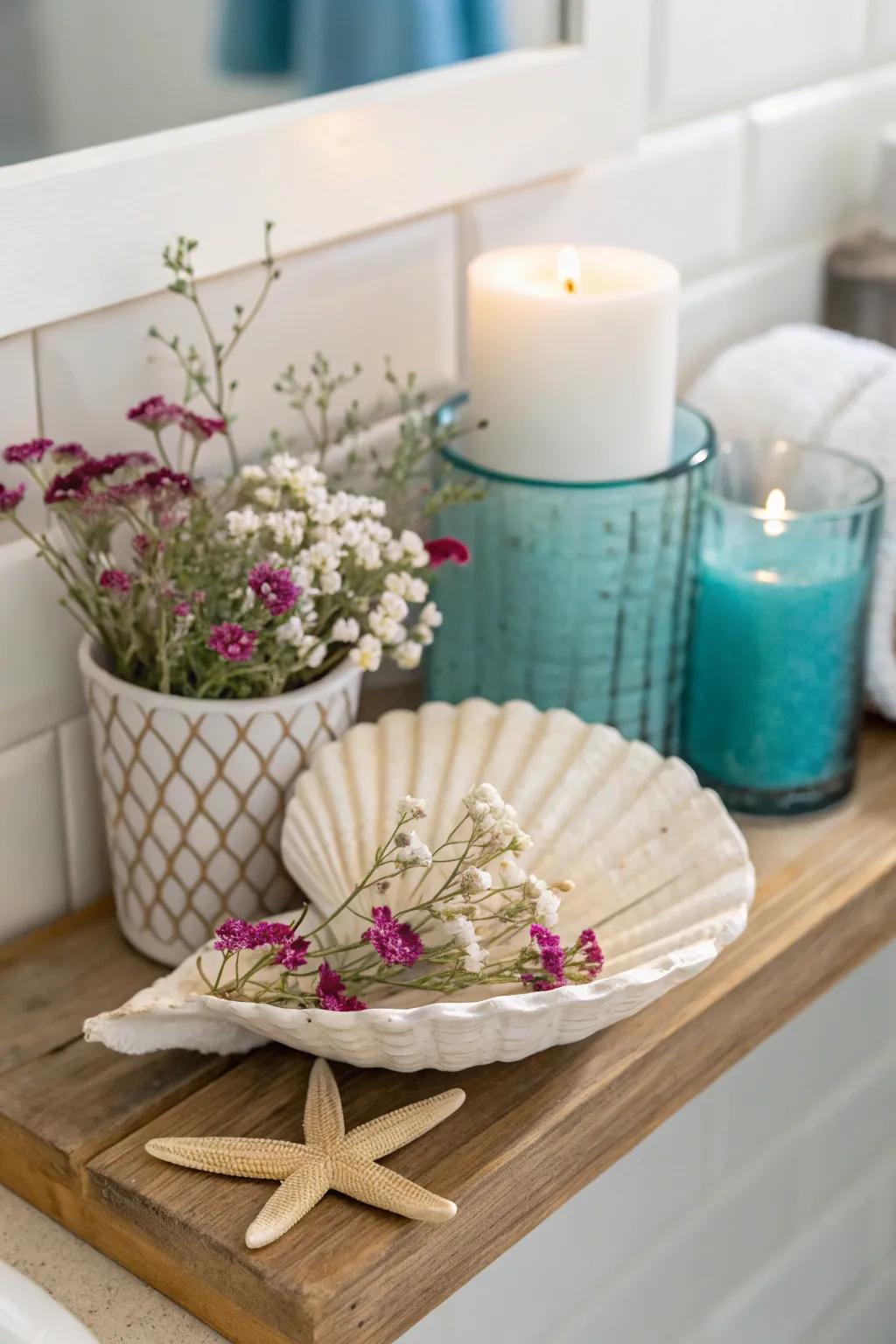Clam shells filled with flowers add a beachy touch to the decor.