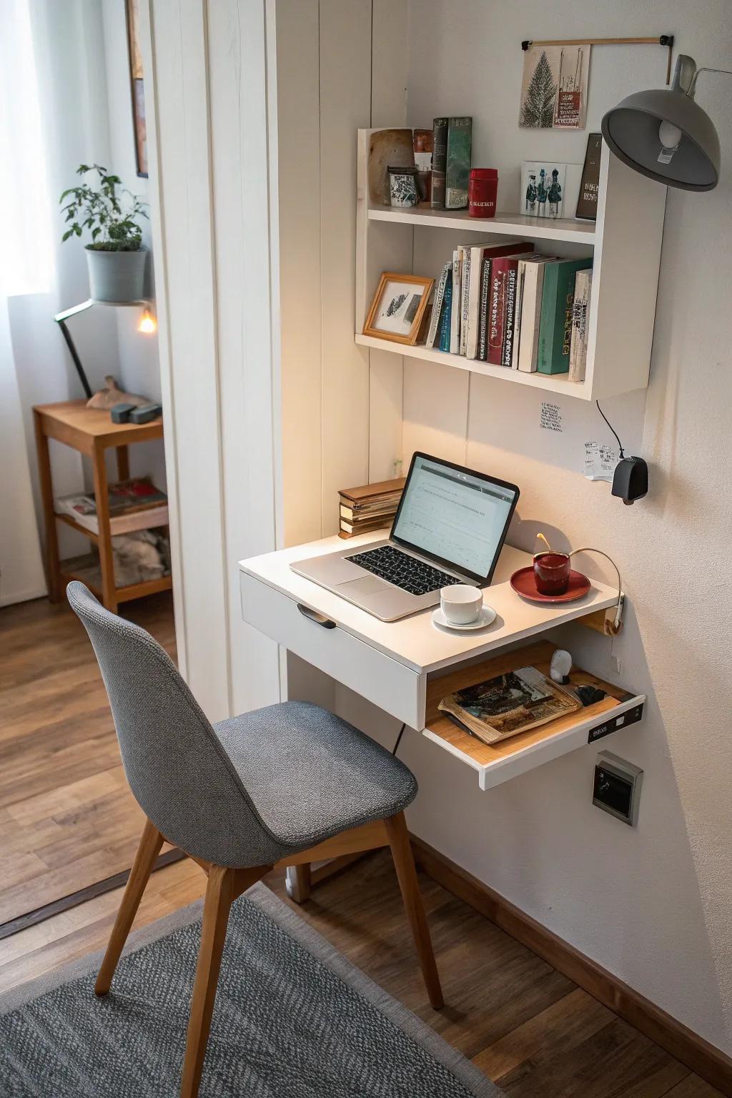 A small workspace featuring a wall-attached workstation, ideal for limited space.