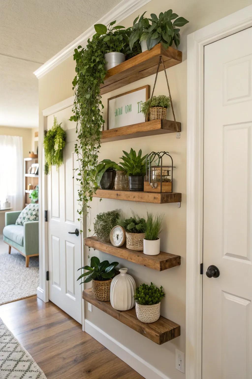 Floating shelves above doors maximize unused space.