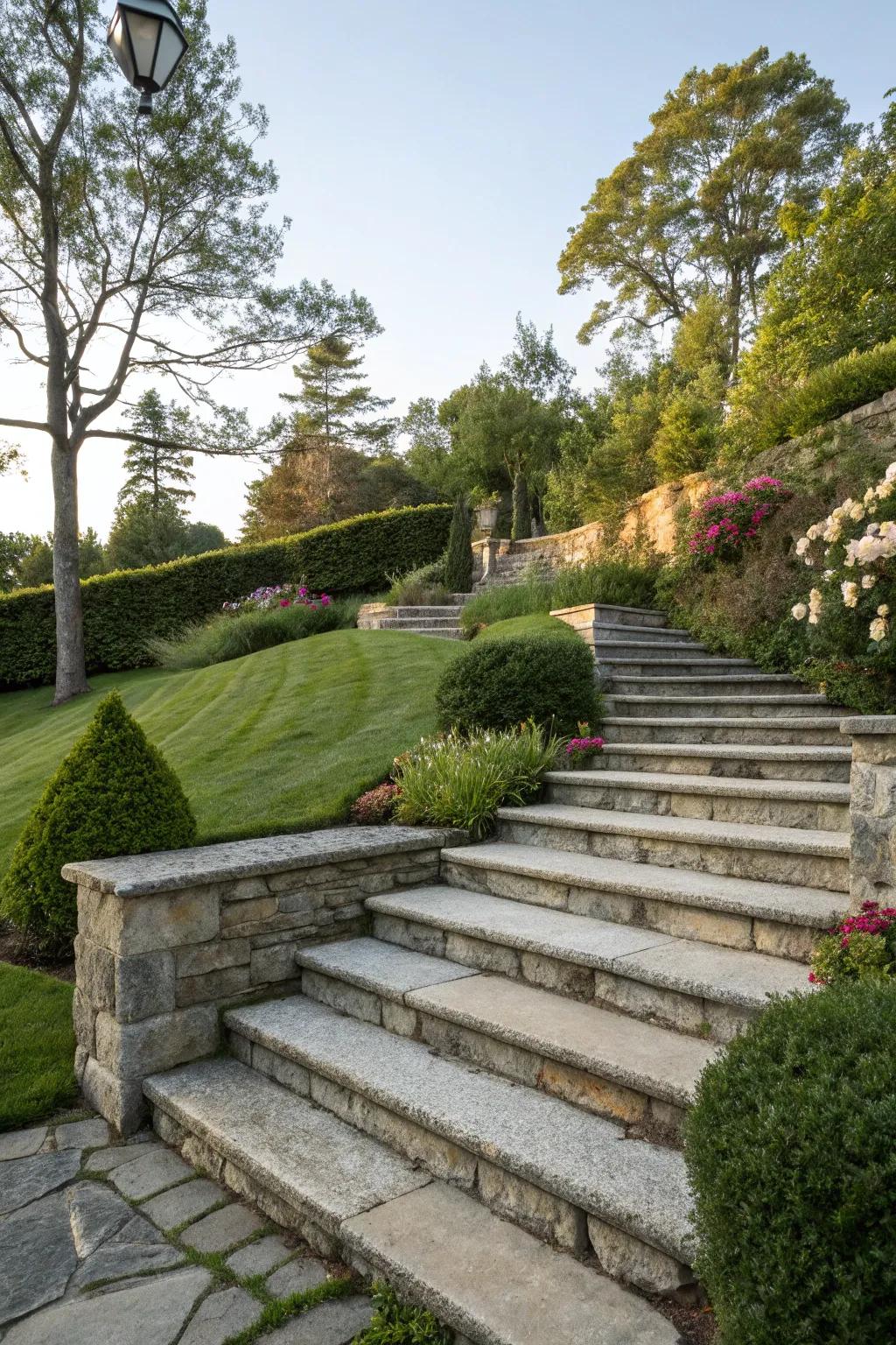 Functional and stylish stone steps on a garden slope.