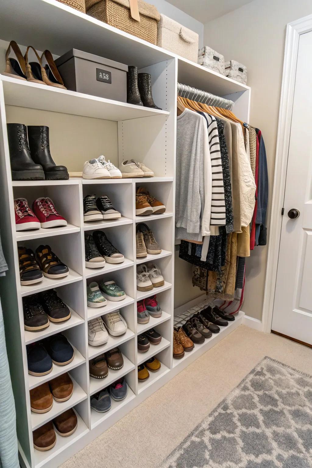 Shoe cubbies keep footwear organized and accessible.