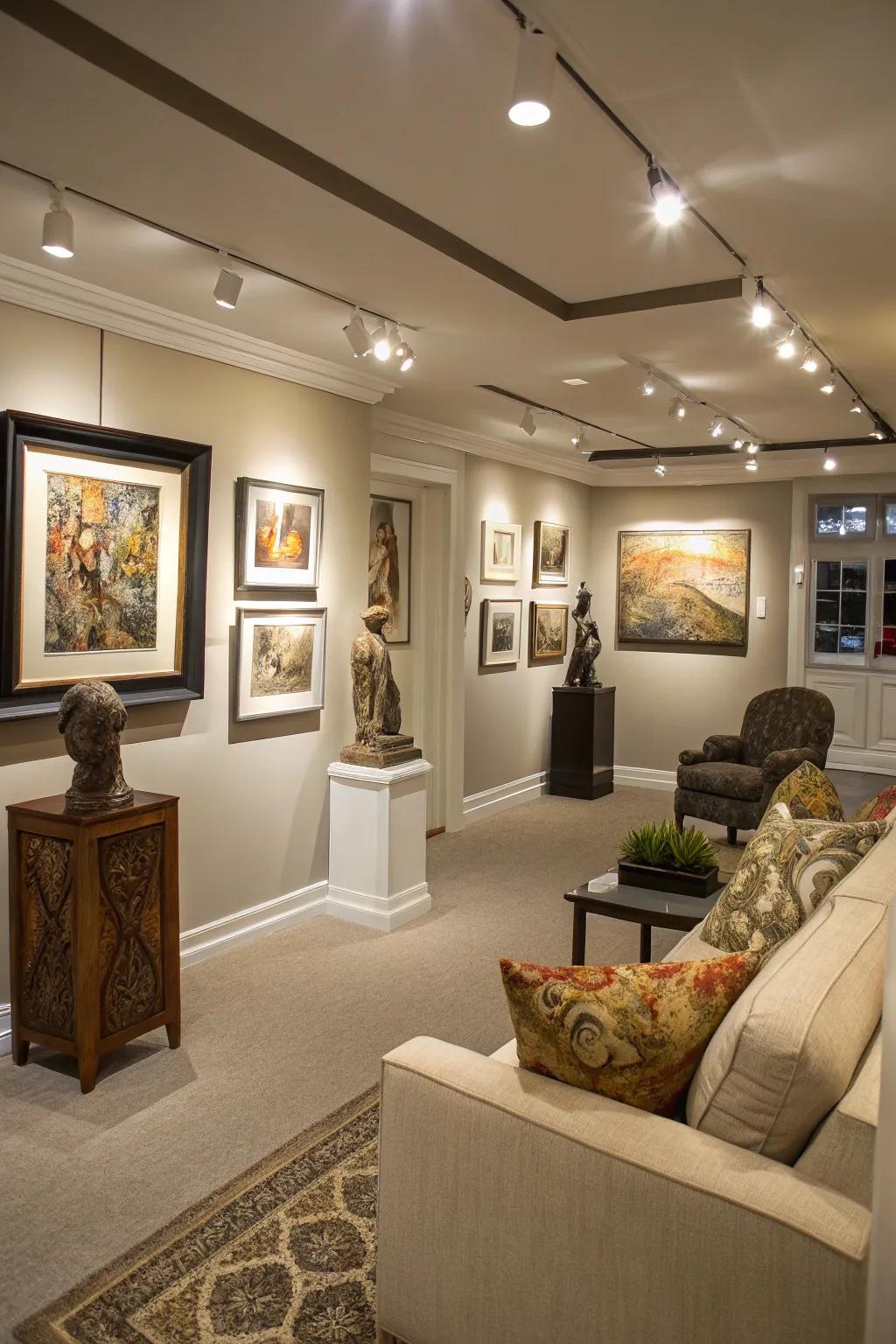 Transform your basement into a personal art gallery showcasing your creativity.