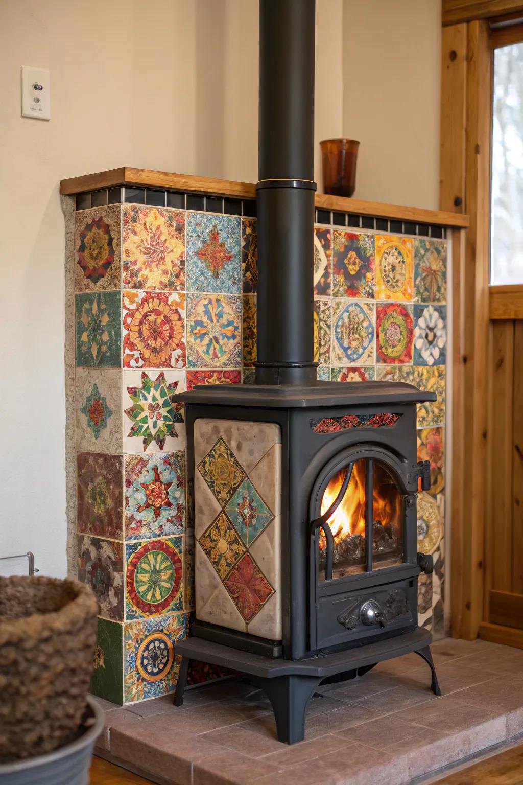 Artistic tiles add color and texture around a wood stove.